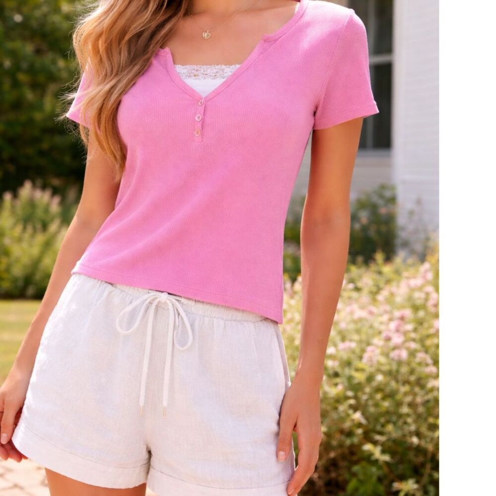 VTG First Issue Liz Claiborne Pink Ribbed Henley – Y2K Lace & Sequin V-neck-Sz M